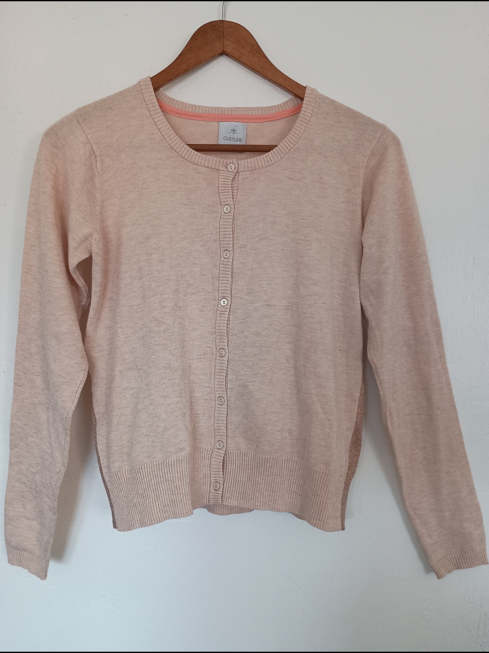 Culture Soft Pink Knit Button Cardigan Sweater Round Neck Lace Sequin Elbow M